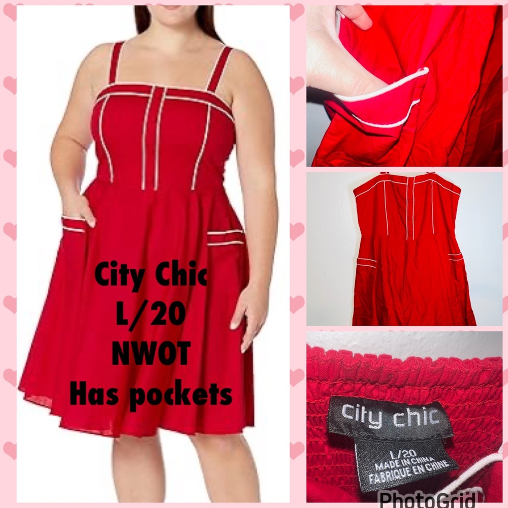 City Chic Vibrant Red Dress with White Accents